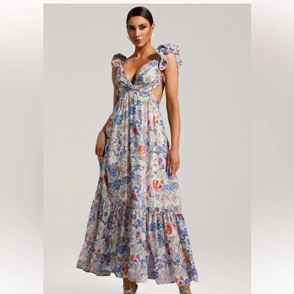 NWT Sunfere Floral Cut Out Maxi Dress Size Medium Lace Up Back Ruffles Flowy - Picture 1 of 14